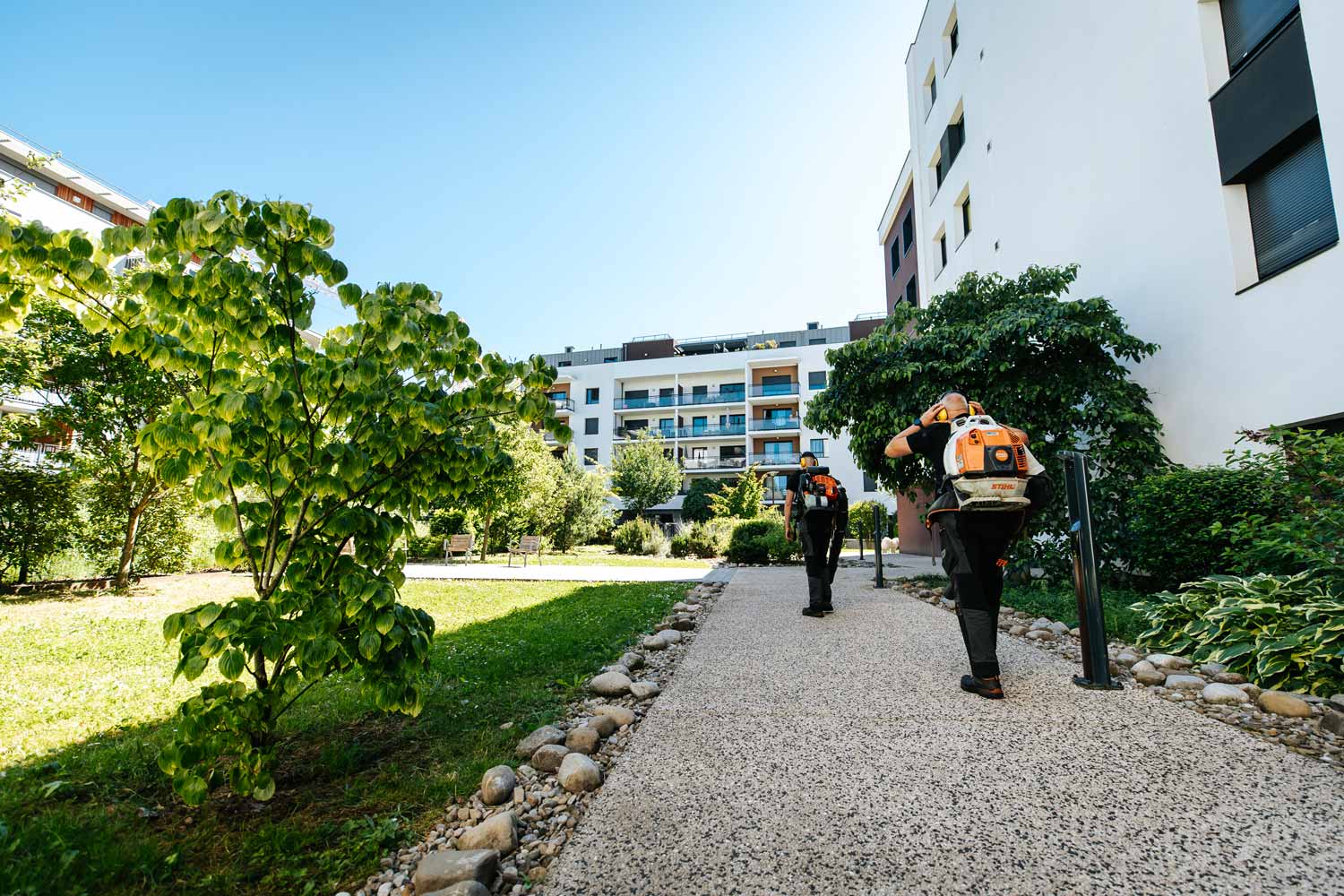 Photo des paysagistes de l'entreprise paysagiste à Annecy entrain d'entretenir le jardin d'une copropriété